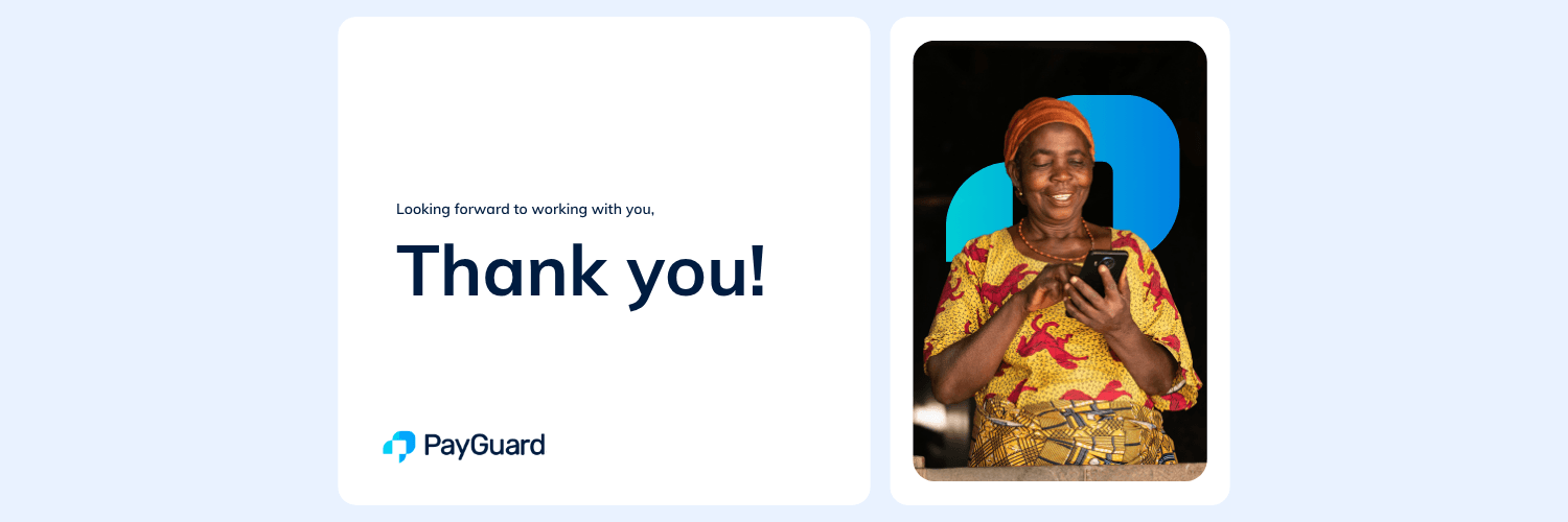PayGuard thank-you card used to close client conversations.